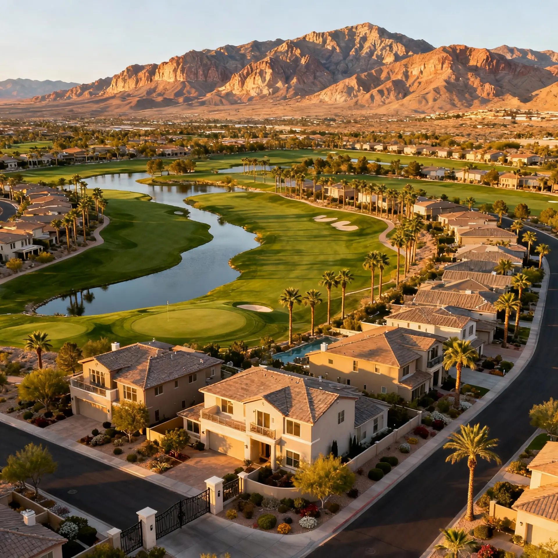 Aerial view of a Henderson golf course community with homes, a lake, and the mountains beyond
