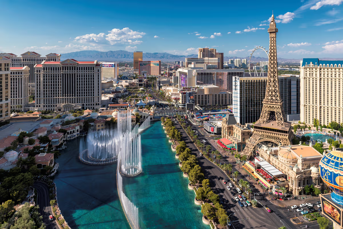 Aerial view of the Las Vegas Strip with the Bellagio fountains, Paris Las Vegas, and Caesars Palace